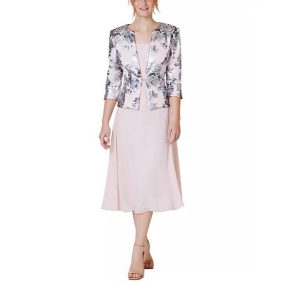 Jessica Howard Evenings Size 10 Petite Pink 2 Piece Jacket Midi Dress Set - Picture 1 of 15
